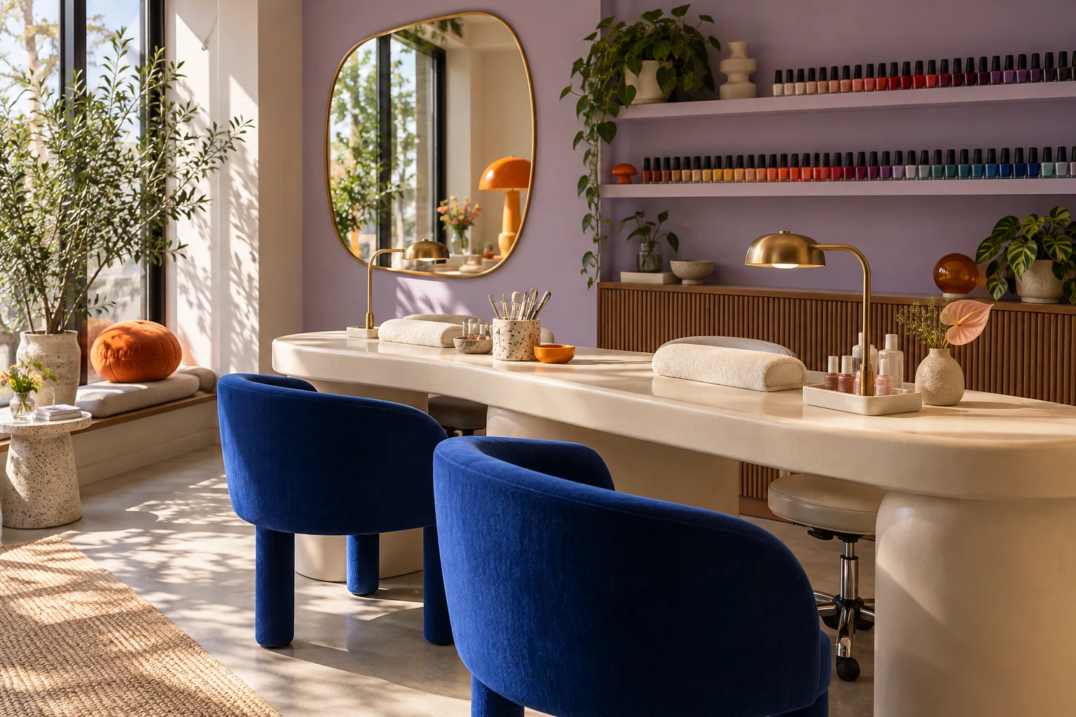Illustrative creative nail studio with playful colours and carefully arranged manicure stations